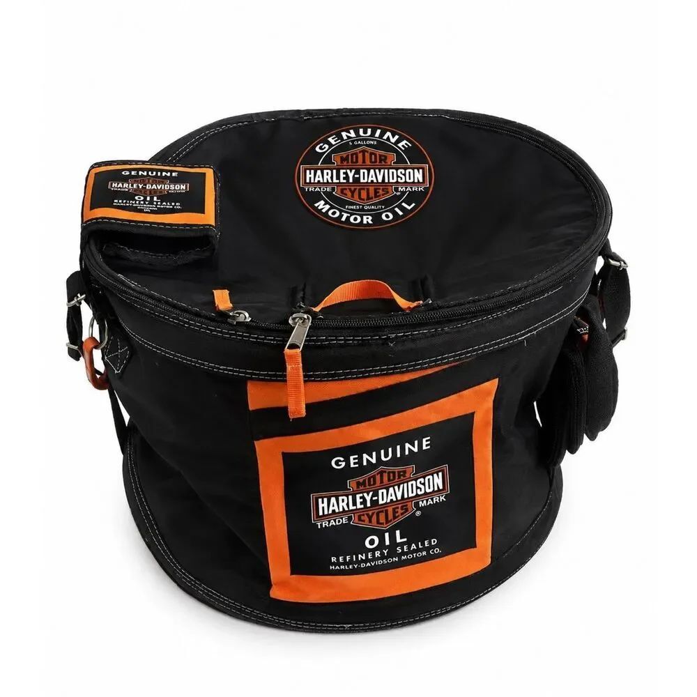 New! Harley Davidson Motor Oil Can Style Collapsible Cooler Round Insulated Bag